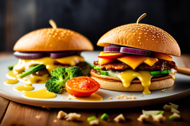 Double cheeseburgers avec sauce et légumes sur une table en bois rendu 3d