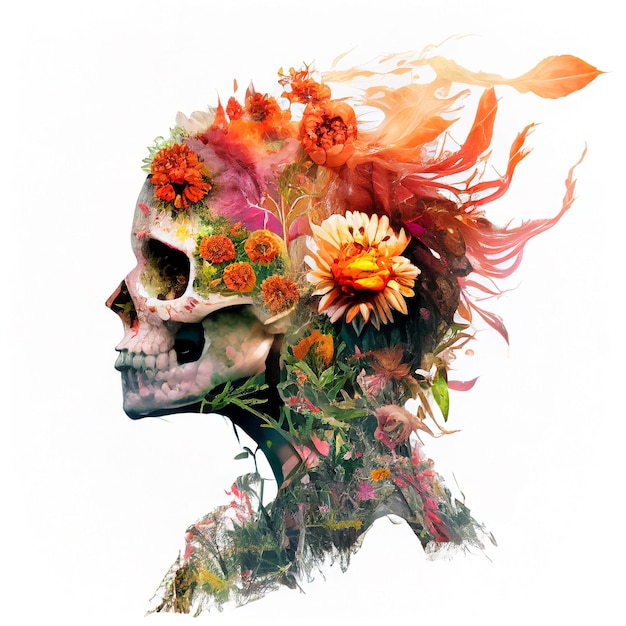 Double exposition beau crâne féminin combiné avec des fleurs isolées