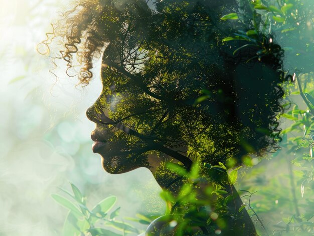 Photo double exposition d'une belle femme et d'une forêt bleue