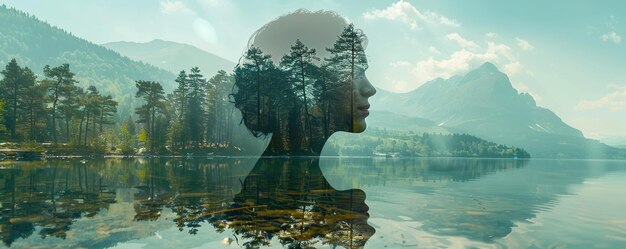 Photo la double exposition combine le visage d'une femme, des montagnes, une forêt et un plan d'eau, une vue panoramique, le concept de l'unité de la nature et de l'homme, le rêve de se souvenir ou de planifier une ascension, le souvenir d'un voyage.