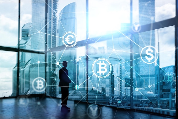 Double exposition Concept Bitcoin et blockchain Économie numérique et commerce de devises