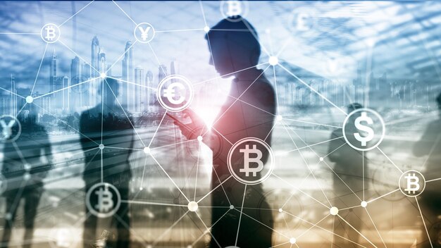 Double exposition Concept Bitcoin et blockchain Économie numérique et commerce de devises