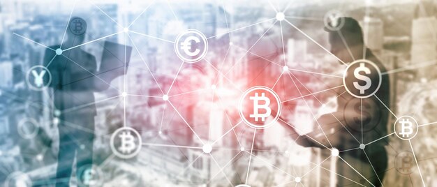 Double exposition Concept Bitcoin et blockchain Économie numérique et commerce de devises