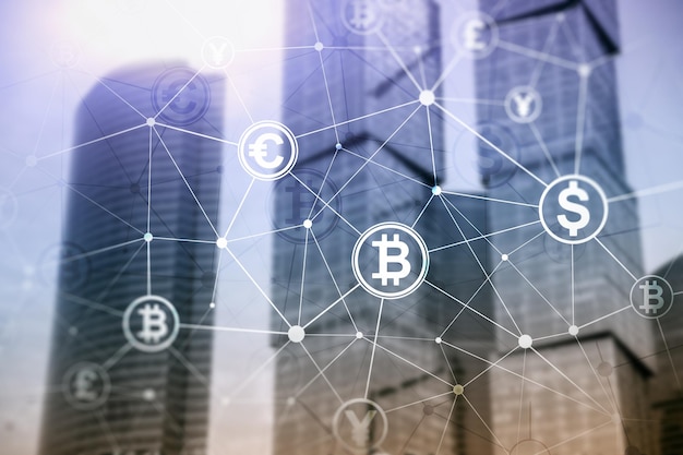 Double exposition Concept Bitcoin et blockchain Économie numérique et commerce de devises
