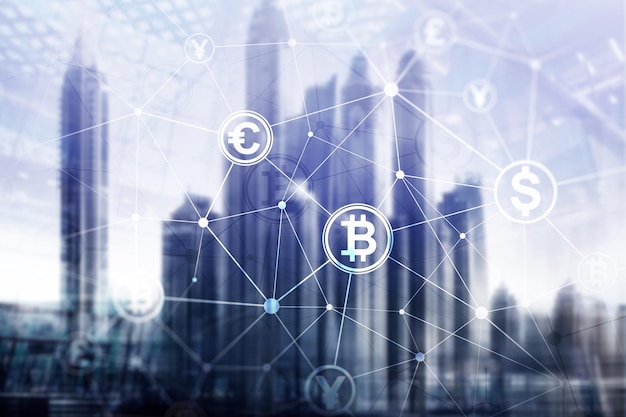 Double exposition Concept de Bitcoin et de blockchain Économie numérique et négociation de devises