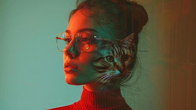 Une double exposition créative d'une jeune femme et d'un chat