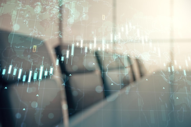 Double exposition d'un diagramme financier créatif abstrait et d'une carte du monde sur un concept bancaire et comptable de fond de salle de conférence moderne