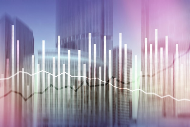 Double exposition Diagrammes de croissance économique sur fond flou Concept d'entreprise et d'investissement