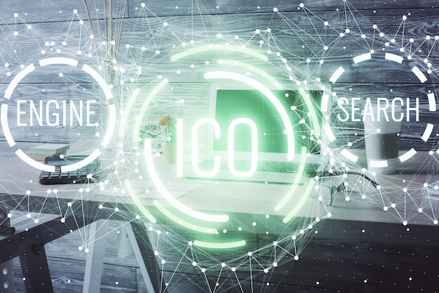 Double exposition du dessin du thème de la technologie cryptographique et du fond intérieur du bureau Concept de blockchain