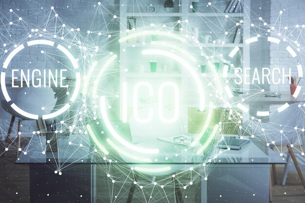 Double exposition du dessin du thème de la technologie cryptographique et du fond intérieur du bureau Concept de blockchain