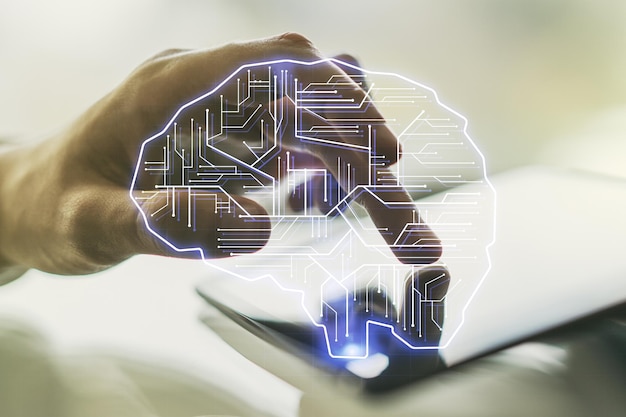 Double exposition du symbole d'intelligence artificielle créative avec des clics de doigt sur une tablette numérique en arrière-plan Réseaux de neurones et concept d'apprentissage automatique