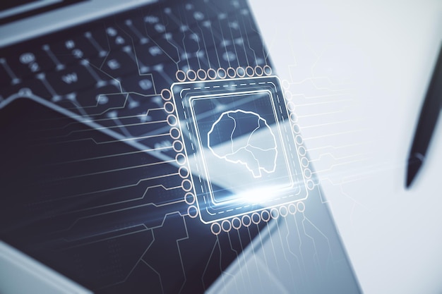 Double exposition du symbole d'intelligence artificielle créative avec un ordinateur portable moderne en arrière-plan Concept de réseaux neuronaux et d'apprentissage automatique
