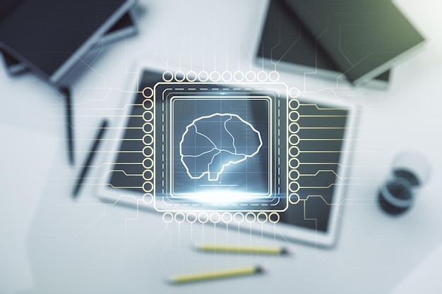 Double exposition du symbole de l'Intelligence artificielle créative et de la tablette numérique sur la vue de dessus en arrière-plan Réseaux de neurones et concept d'apprentissage automatique