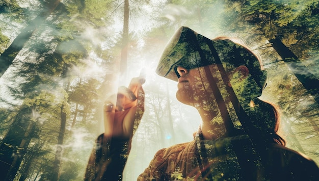 Double exposition d'une femme dans une forêt de pins