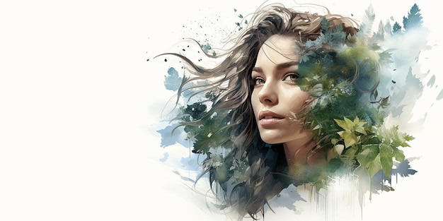 Double exposition de femmes avec la nature Sensibilisation à la santé mentale Style écologique Illustration aquarelle