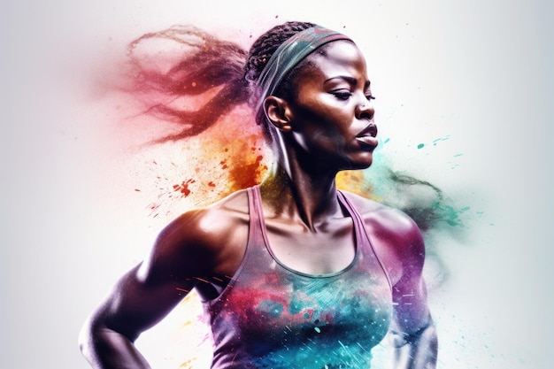 Double exposition héroïque photo colorée d'une coureuse africaine bien entraînée qui court rapidement