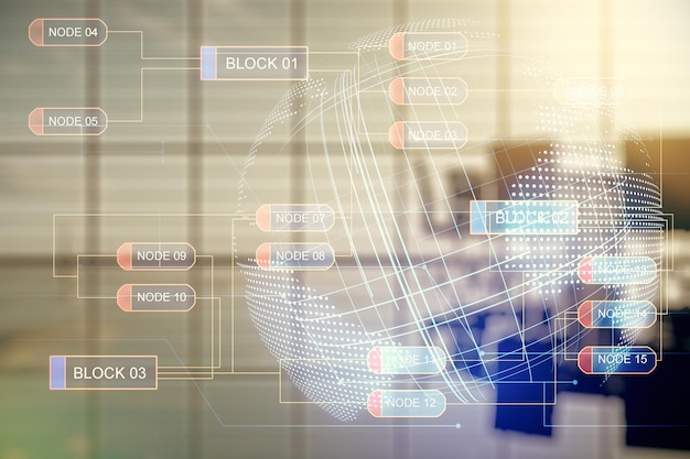 Double exposition de l'hologramme abstrait du langage de programmation et de la carte du monde sur un concept de recherche et développement de fond de salle de réunion moderne