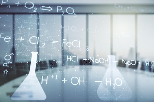 Double exposition d'un hologramme de chimie virtuel abstrait sur une salle de réunion moderne concept de recherche et développement de fond