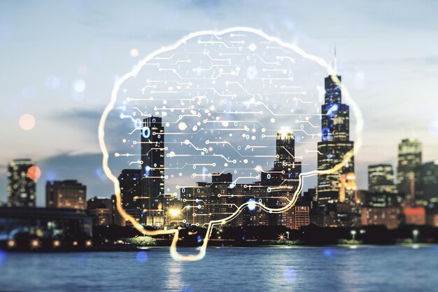 Double exposition de l'hologramme créatif du microcircuit du cerveau humain sur fond d'immeubles de bureaux de Chicago Technologie future et concept d'IA