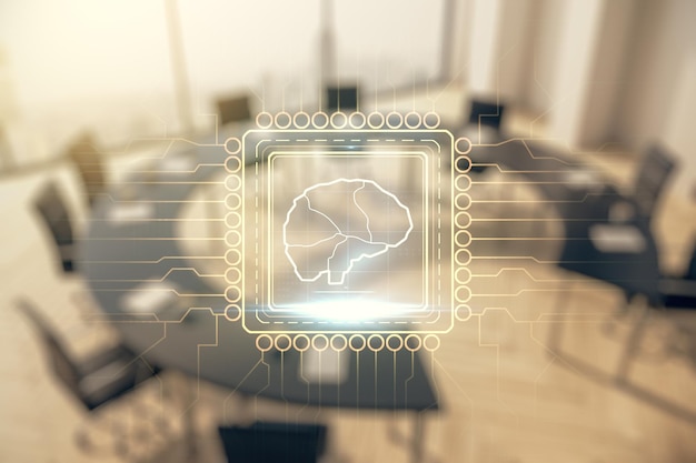 Double exposition de l'hologramme créatif du microcircuit du cerveau humain sur fond de salle de réunion moderne Technologie future et concept d'IA