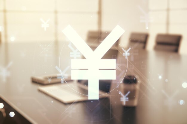 Double exposition de l'hologramme créatif du symbole Yen japonais sur fond d'ordinateur portable Concept bancaire et d'investissement