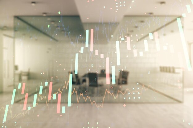 Double exposition d'hologramme de graphique financier créatif abstrait sur le concept de recherche et de stratégie de fond de bureau d'entreprise moderne