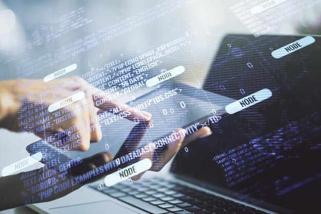 Double exposition d'hologramme de langage de programmation abstrait avec carte du monde et clics de doigts sur une tablette numérique sur le concept de recherche et développement de fond