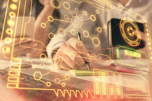 Double exposition d'un homme et d'une femme travaillant ensemble et dessin d'hologramme sur le thème de la technologie Concept de grandes données Arrière-plan informatique