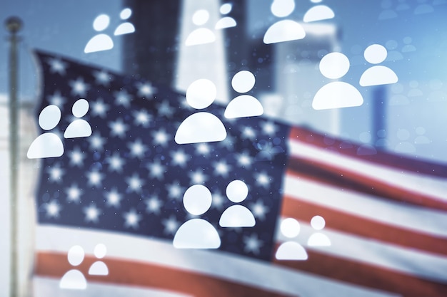 Photo double exposition d'icônes de réseaux sociaux virtuels abstraits sur le drapeau américain et le paysage urbain flou concept de marketing et de promotion