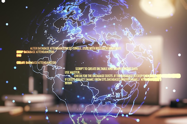 Double exposition de l'illustration de programmation créative abstraite avec carte du monde sur fond d'ordinateur big data et concept blockchain