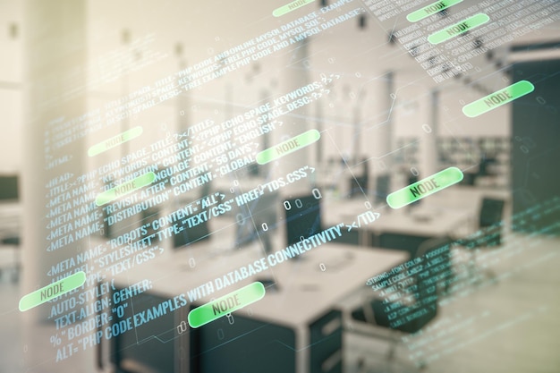 Double exposition d'une illustration de programmation créative abstraite sur un fond intérieur de bureau meublé moderne concept de données volumineuses et de blockchain