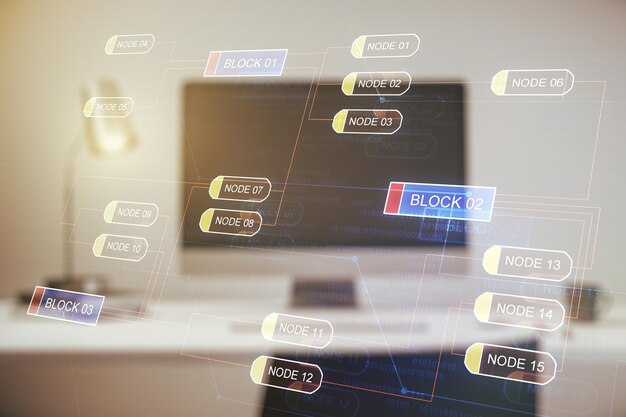 Double exposition de l'illustration de programmation créative abstraite sur le fond de l'ordinateur de grandes données et le concept de blockchain