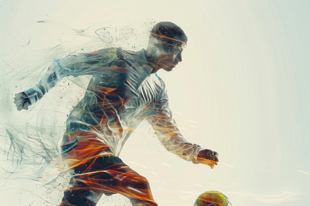 Photo double exposition d'un joueur de football prêt à frapper le ballon de football au stade ai générative