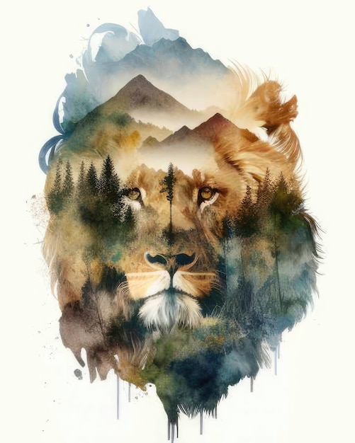 Double exposition d'un lion et de la nature des montagnes des arbres dans l'art à l'aquarelle