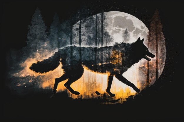 Double exposition de loup courant dans la forêt avec une lune brillante au-dessus créée avec une IA générative