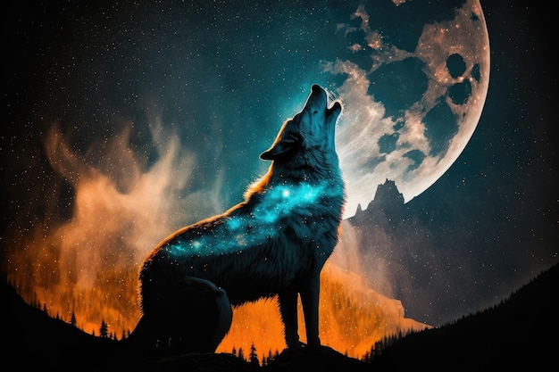Double exposition de loup hurlant à la lune contre le ciel étoilé créé avec l'IA générative