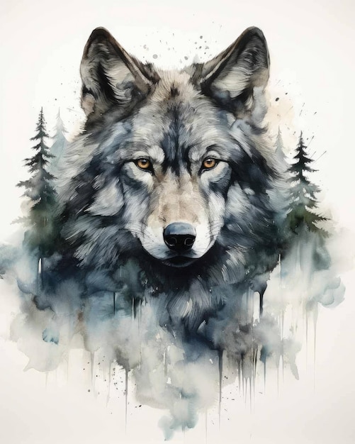 Double exposition d'un loup et de la nature des montagnes des arbres dans l'art à l'aquarelle