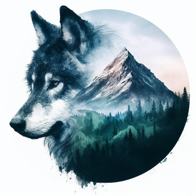 Double exposition d'un loup et d'un paysage naturel de montagne