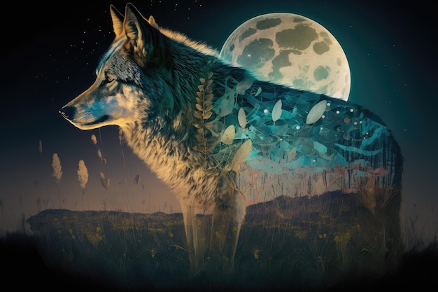 Double exposition de loup et de prairie avec la lune brillante au-dessus créée avec une IA générative