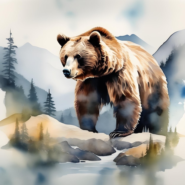 Double exposition d'un ours et d'un paysage naturel de montagne Aquarelle Carte postale à aquarelle