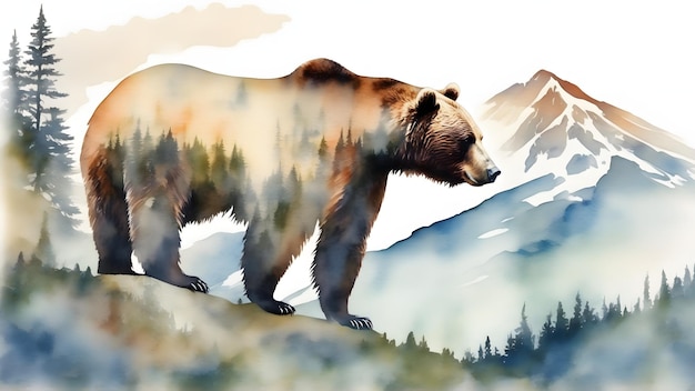 Double exposition d'un ours et d'un paysage naturel de montagne Aquarelle Carte postale à aquarelle