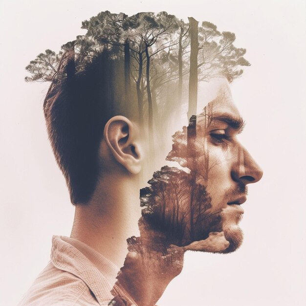 Photo double exposition d'une personne avec une forêt dans le style de stillne ombragé