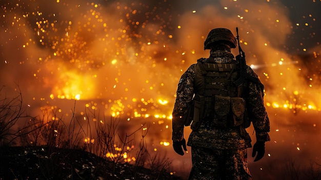 Une double exposition qui combine la silhouette d'un brave soldat ukrainien contre une ville en ruine en feu.