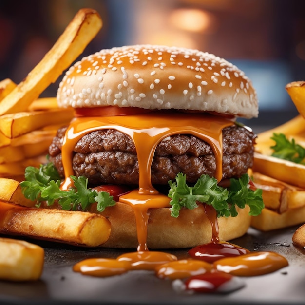 Le double hamburger au fromage frais et délicieux avec des frites sur une table au restaurant