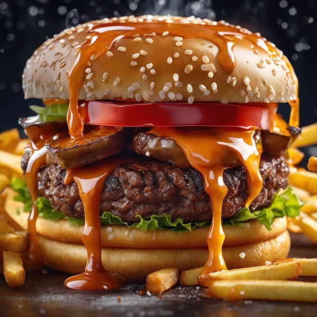 Le double hamburger au fromage frais et délicieux avec des frites sur une table au restaurant