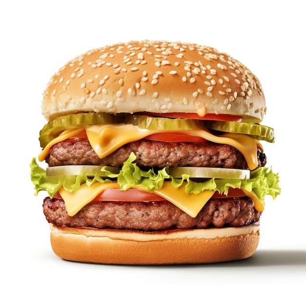 Double hamburger isolé sur fond blanc Burger frais restauration rapide avec bœuf et fromage à la crème
