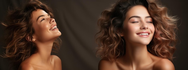 Double portrait de belles femmes aux longs cheveux bouclés sur fond sombre