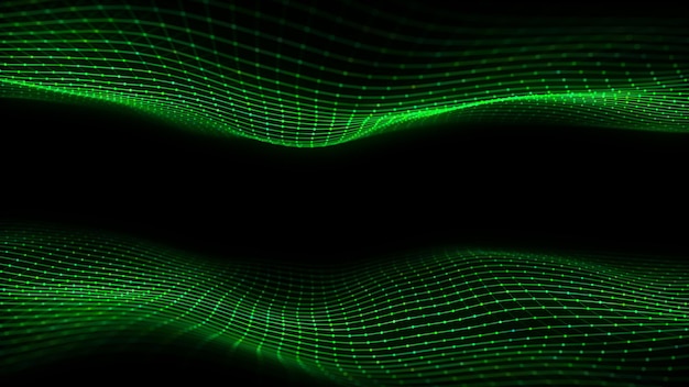 Double vague verte avec des points et des lignes de mouvement Abstrait numérique Concept connexion big data Technologie futuriste toile de fond rendu 3D