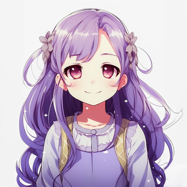 Douce et charmante jeune fille aux cheveux violets et à l'arc Sourire mignon Style Anime heureux généré par l'IA