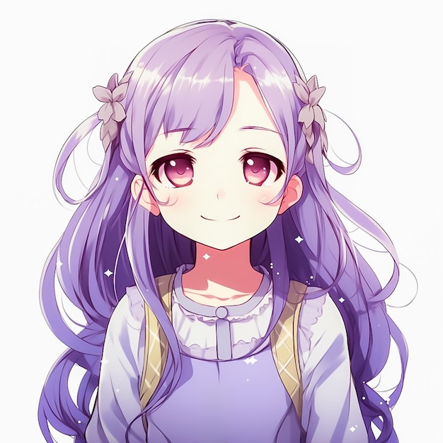 Douce et charmante jeune fille aux cheveux violets et à l'arc Sourire mignon Style Anime heureux généré par l'IA